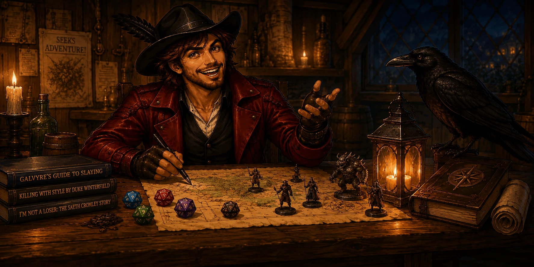 The Raven Bard planning an adventure over a map with miniatures and Ink nearby