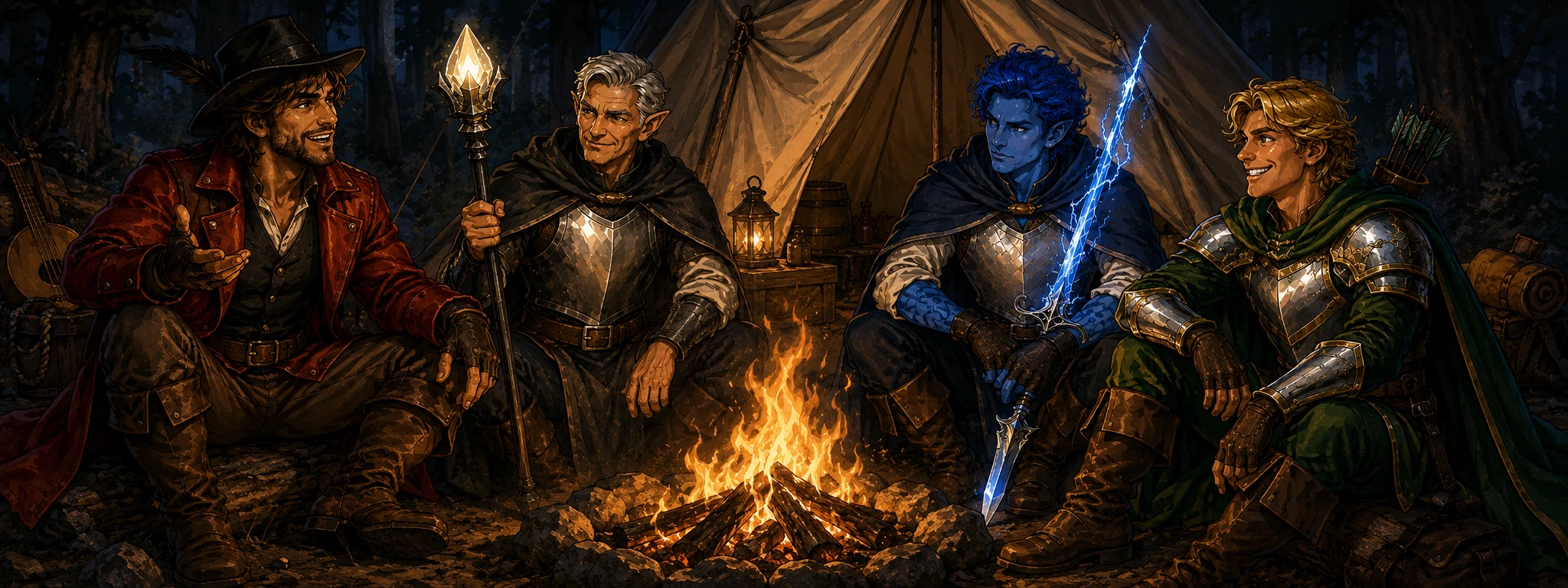 Adventurers sharing stories around a campfire