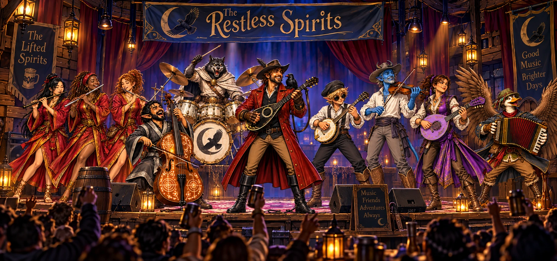 The Restless Spirits performing onstage at the Lifted Spirits Tavern